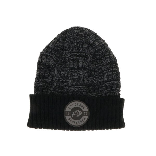A dark gray beanie with a black cuff. There is a gray circle patch on the front cuff that reads "Colorado Buffaloes" around the perimeter, and has the CU Buffalo logo and "1876" in the center.